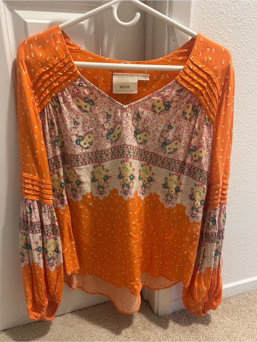 Maeve Orange Mixed-Print V-Neck Blouse by Anthropologie